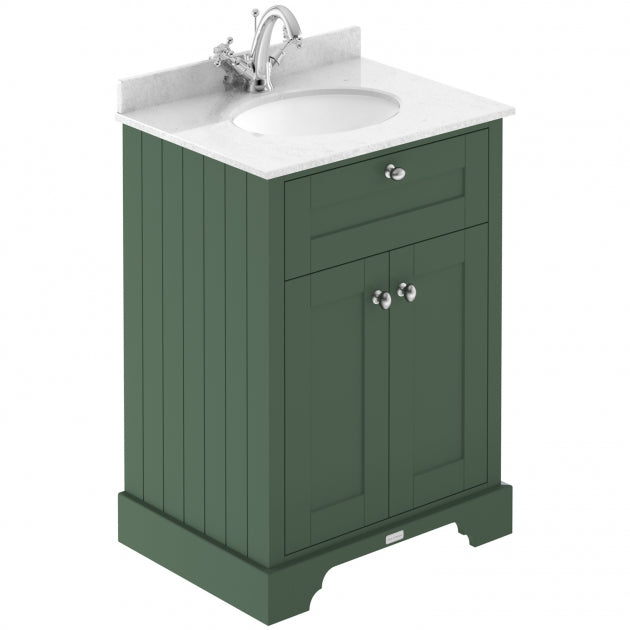 Crawford Old London Floor Standing Vanity Unit with 1TH White Marble Top Basin 600mm Wide - Hunter Green