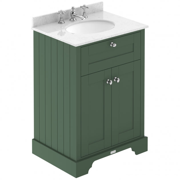 Crawford Old London Floor Standing Vanity Unit with 3TH White Marble Top Basin 600mm Wide - Hunter Green