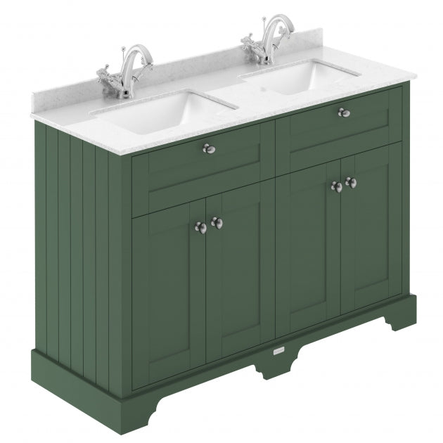 Crawford Old London Floor Standing Vanity Unit with 1TH White Double Marble Top Rectangular Basin 1200mm Wide - Hunter Green