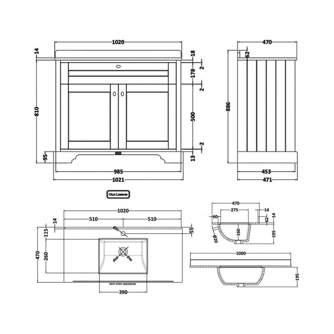 Crawford Old London Floor Standing Vanity Unit with 1TH White Marble Top Rectangular Basin 1000mm Wide - Storm Grey