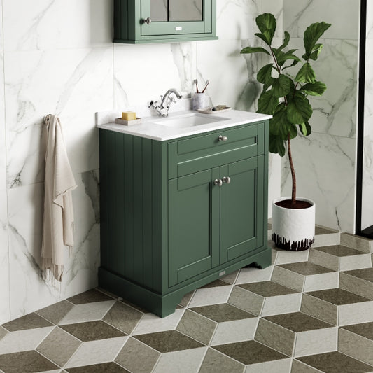 Crawford Old London Floor Standing Vanity Unit with 1TH White Marble Top Rectangular Basin 1000mm Wide - Hunter Green