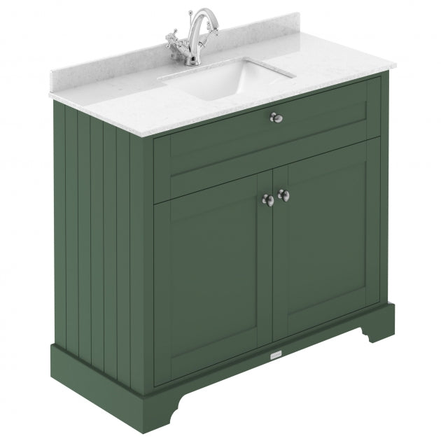 Crawford Old London Floor Standing Vanity Unit with 1TH White Marble Top Rectangular Basin 1000mm Wide - Hunter Green