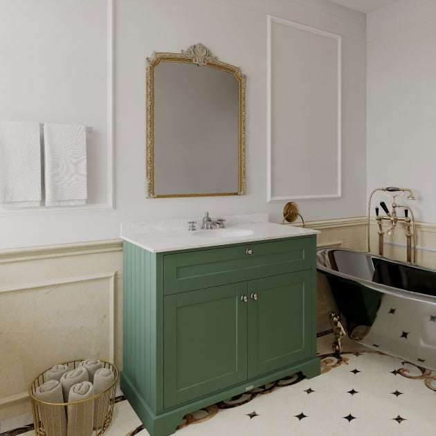 Crawford Old London Floor Standing Vanity Unit with 3TH White Marble Top Basin 1000mm Wide - Hunter Green