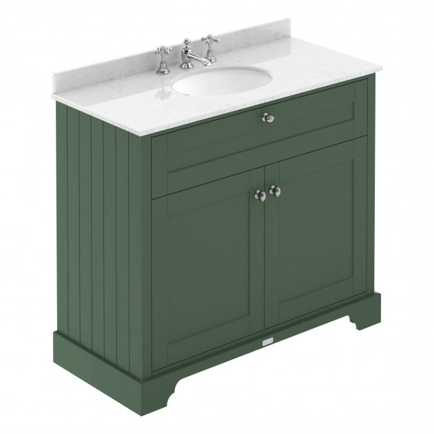 Crawford Old London Floor Standing Vanity Unit with 3TH White Marble Top Basin 1000mm Wide - Hunter Green