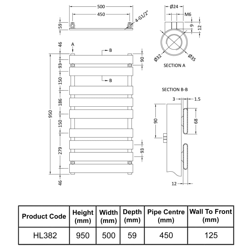 Crawford Piazza Flat Panel Heated Towel Rail 950mm H x 500mm W - Chrome