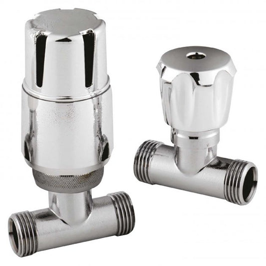 Crawford Straight Thermostatic Bi-Directional Radiator Valves Pair Lockshield - Chrome