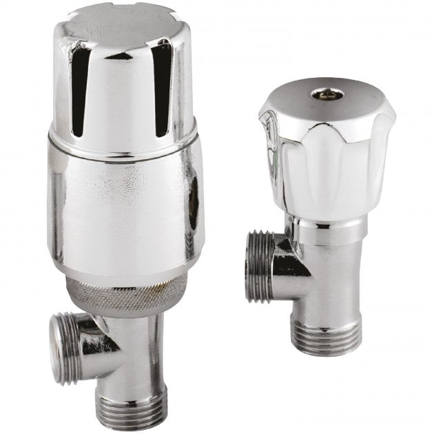 Crawford Angled Thermostatic Bi-Directional Radiator Valves Pair Lockshield - Chrome