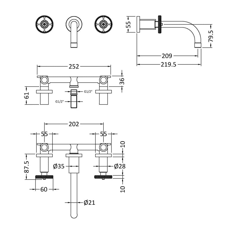 Crawford Revolution Wall Mounted Basin Mixer Tap - Brushed Brass