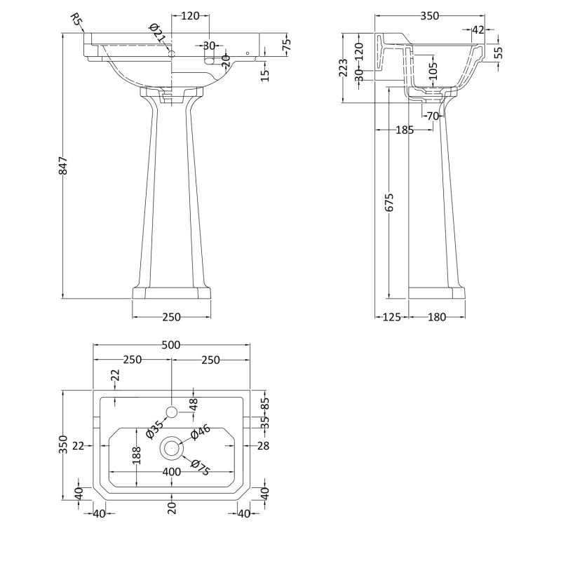 Crawford Richmond Basin with Full Pedestal 500mm Wide - 1 Tap Hole