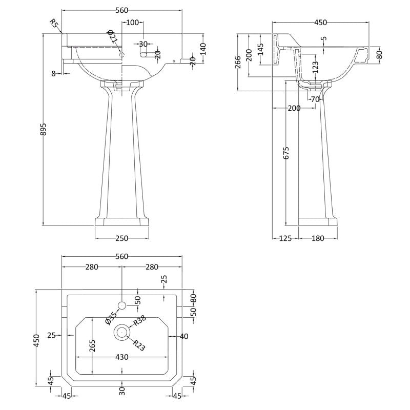 Crawford Richmond Basin with Full Pedestal 560mm Wide - 1 Tap Hole