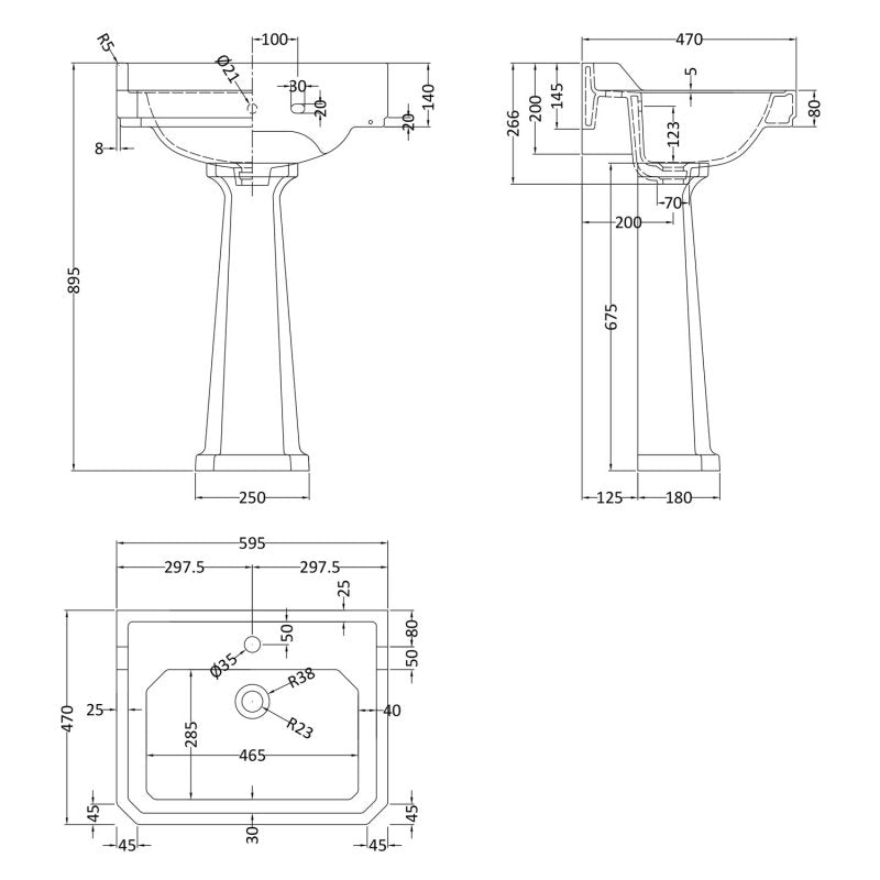 Crawford Richmond Basin with Full Pedestal 595mm Wide - 1 Tap Hole