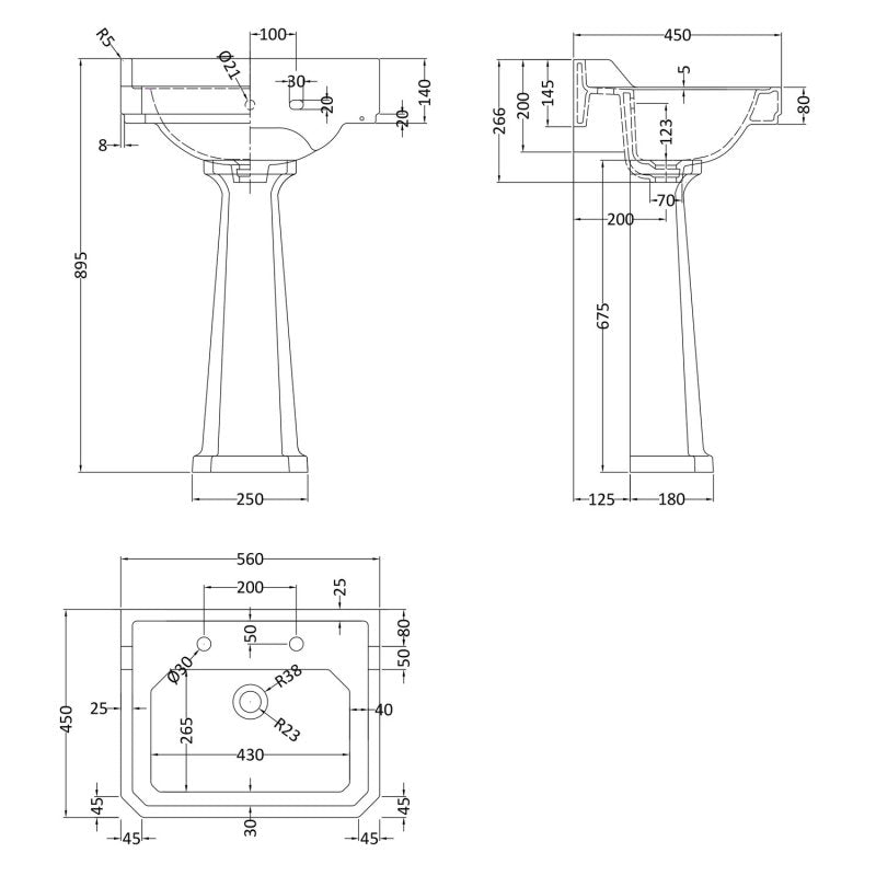 Crawford Richmond Basin with Full Pedestal 560mm Wide - 2 Tap Hole