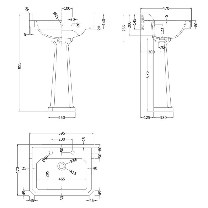 Crawford Richmond Basin with Full Pedestal 595mm Wide - 2 Tap Hole