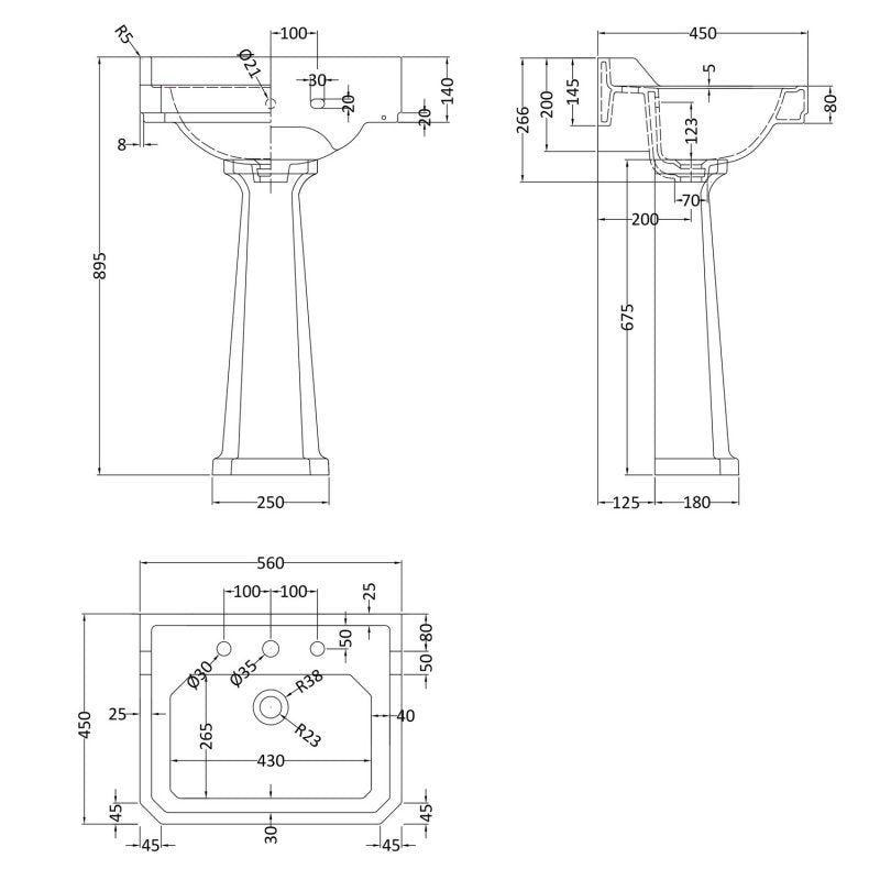 Crawford Richmond Basin and Full Pedestal 560mm W - 3 Tap Hole