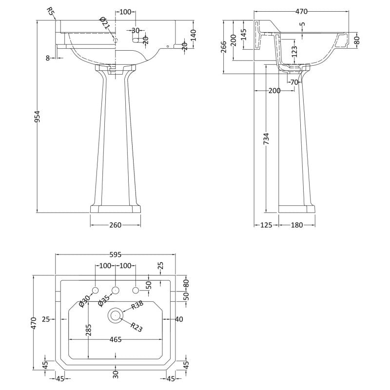 Crawford Richmond Basin and Comfort Height Full Pedestal 600mm Wide - 3 Tap Hole