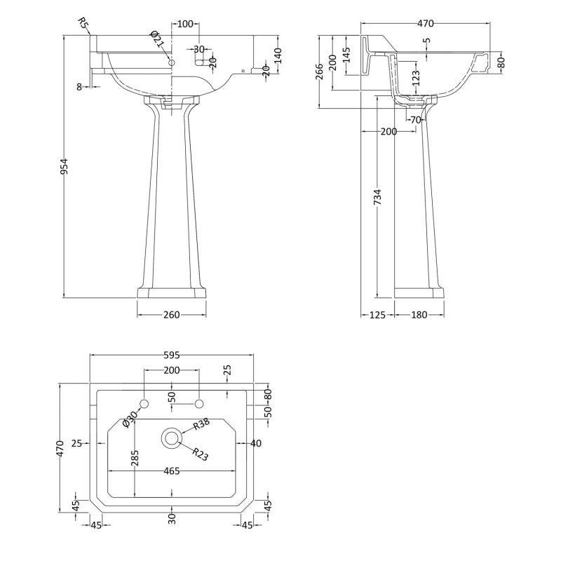 Crawford Richmond Basin and Comfort Height Full Pedestal 600mm Wide - 2 Tap Hole