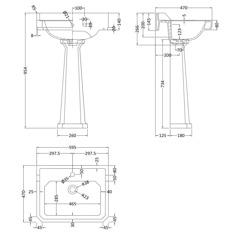 Crawford Richmond Basin and Comfort Height Full Pedestal 600mm Wide - 1 Tap Hole