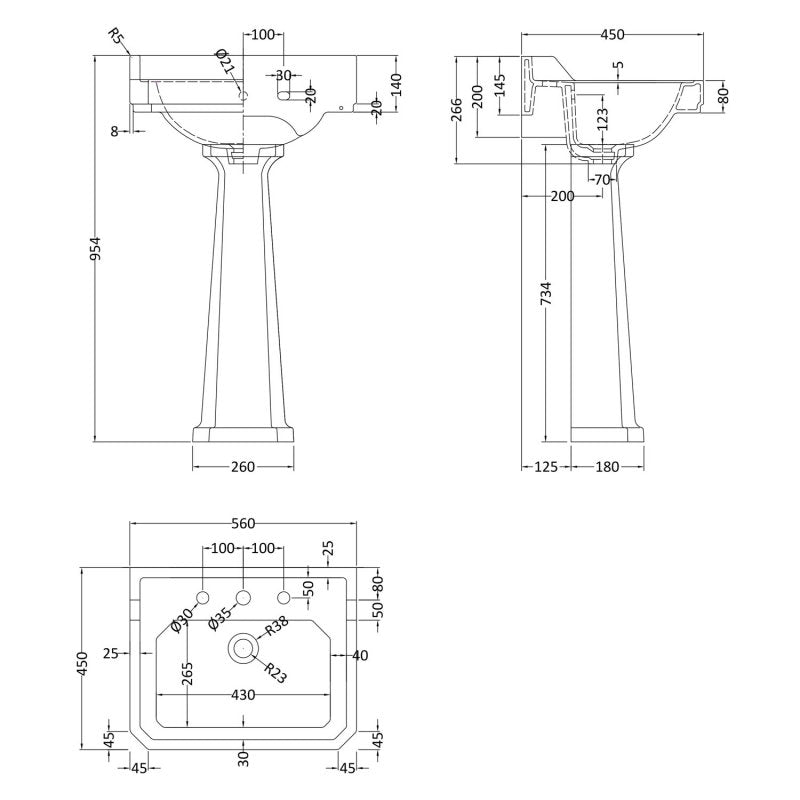 Crawford Richmond Basin and Comfort Height Full Pedestal 560mm Wide - 3 Tap Hole