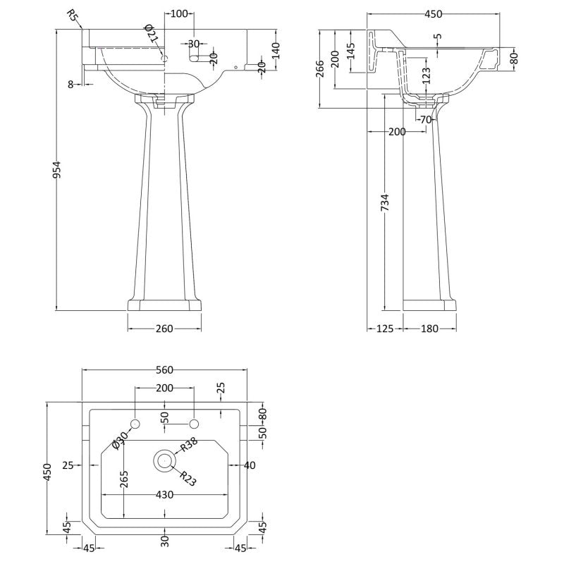 Crawford Richmond Basin and Comfort Height Full Pedestal 560mm Wide - 2 Tap Hole