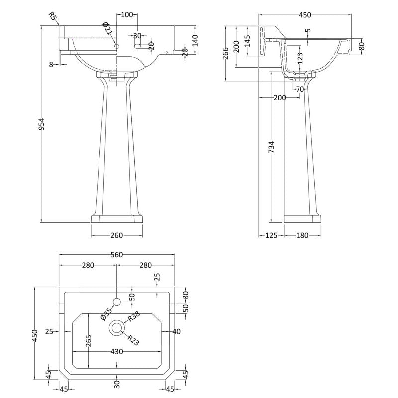 Crawford Richmond Basin and Comfort Height Full Pedestal 560mm Wide - 1 Tap Hole