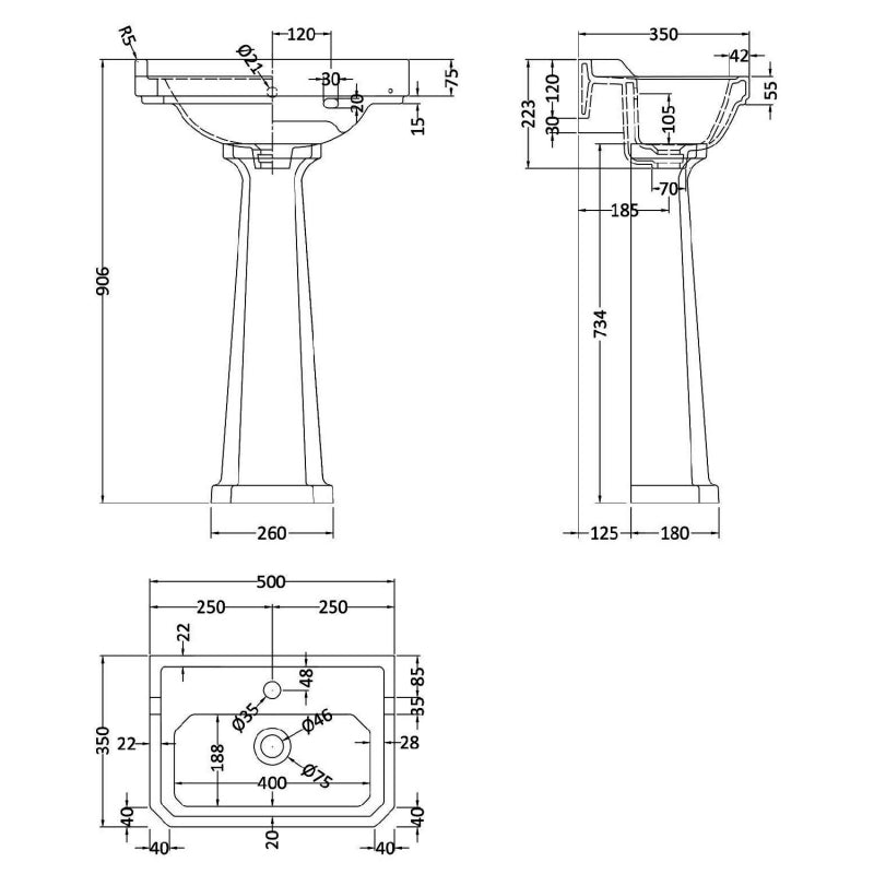 Crawford Richmond Basin and Comfort Height Full Pedestal 500mm Wide - 1 Tap Hole