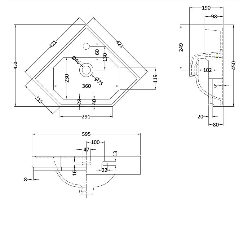 Crawford Richmond Corner Cloakroom Basin 600mm Wide - 1 Tap Hole