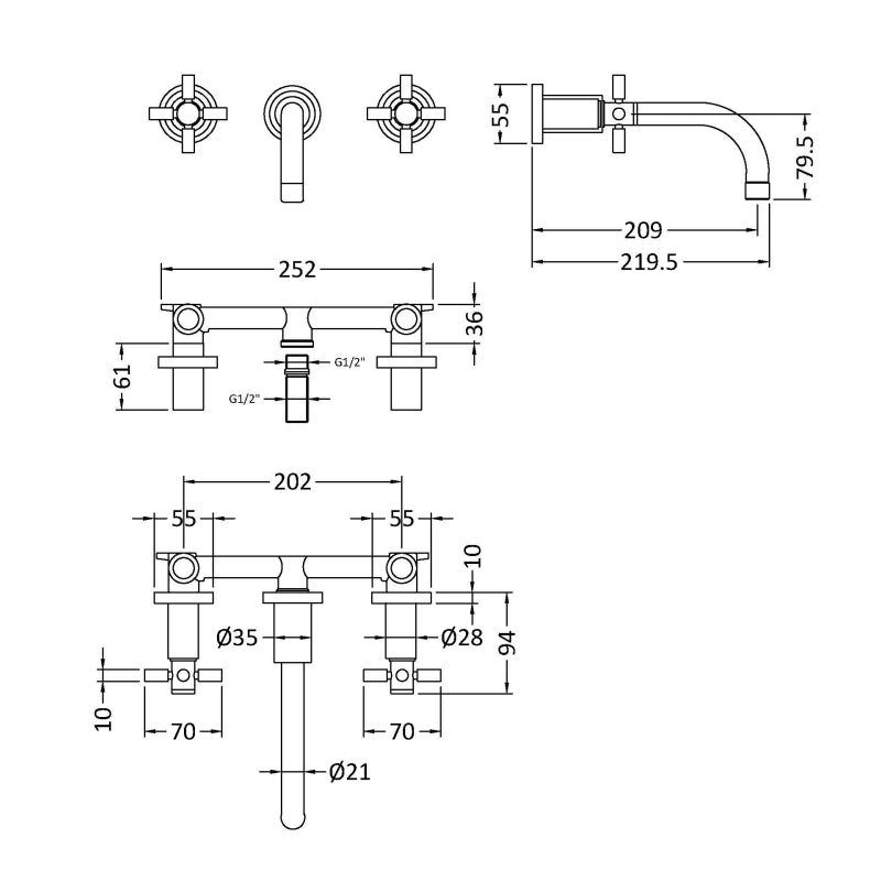 Crawford Tec Crosshead 3-Hole Basin Mixer Tap Wall Mounted - Matt Black