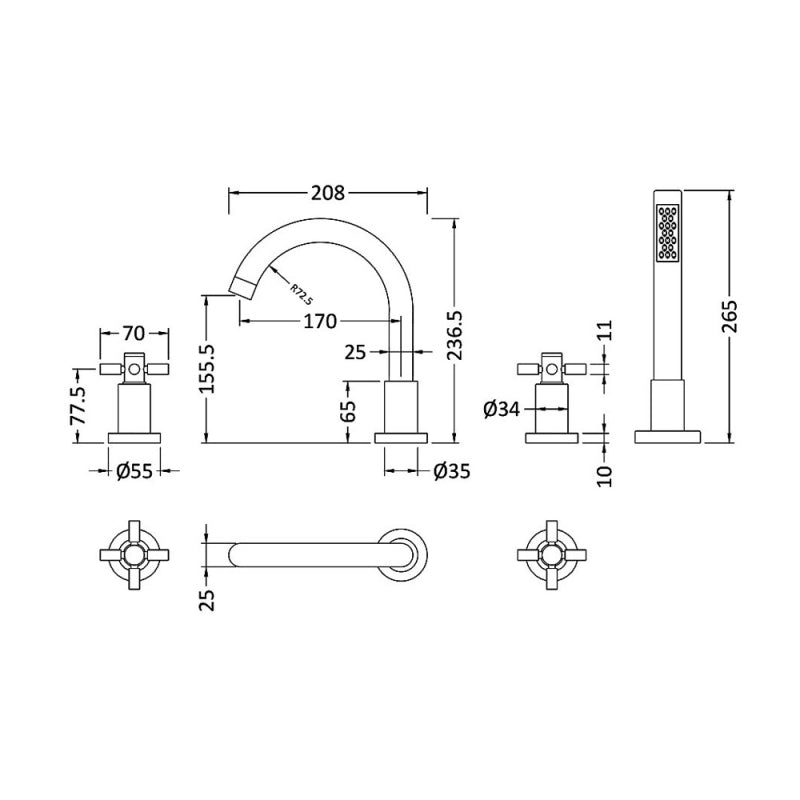 Crawford Tec Crosshead 4-Hole Bath Shower Mixer Tap with Shower Kit and Hose Retainer