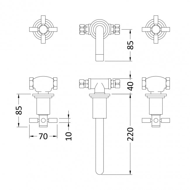 Crawford Tec Crosshead 3-Hole Basin Mixer Tap Wall Mounted - Chrome