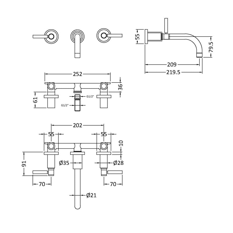 Crawford Tec Lever 3-Hole Basin Mixer Tap Wall Mounted - Brushed Brass