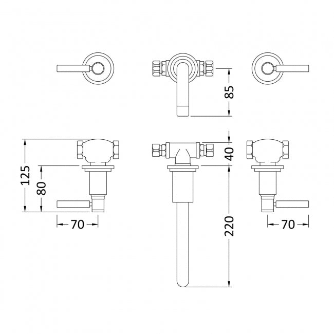 Crawford Tec Lever 3-Hole Basin Mixer Tap Wall Mounted - Matt Black