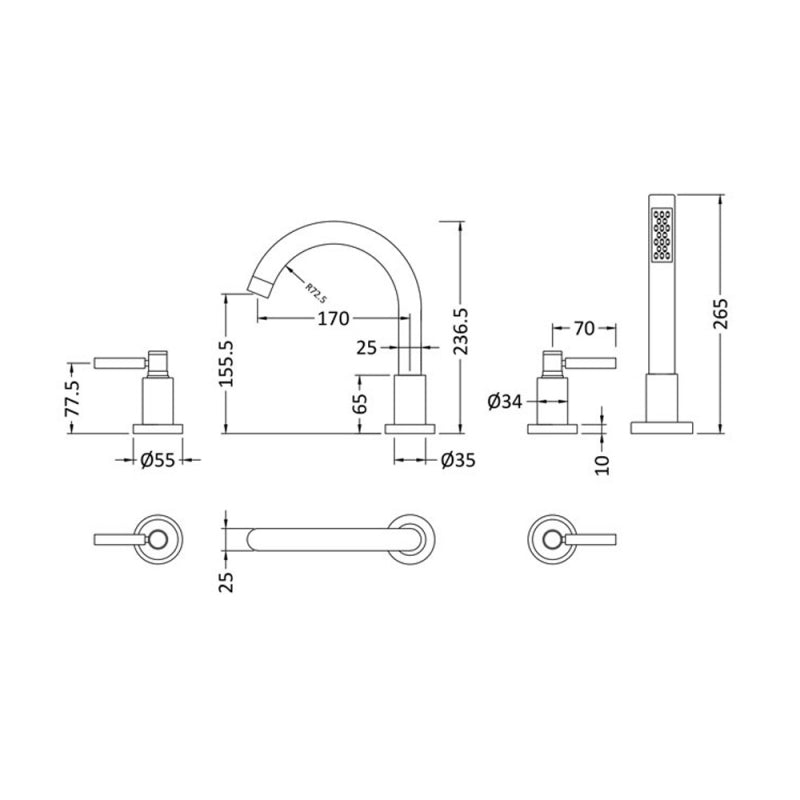 Crawford Tec Lever 4-Hole Bath Shower Mixer Tap with Shower Kit and Hose Retainer