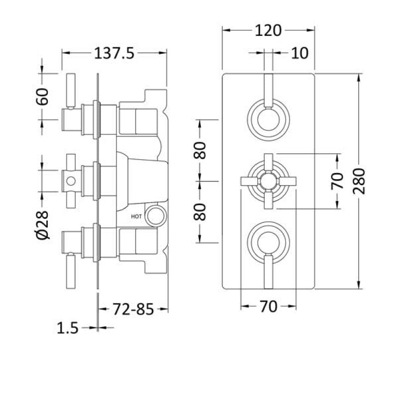 Crawford Tec Pura Plus Concealed Shower Valve Triple Handle - Chrome