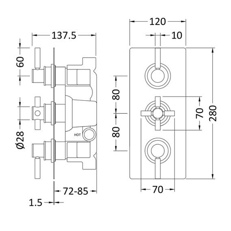 Crawford Tec Pura Concealed Shower Valve Triple Handle - Matt Black