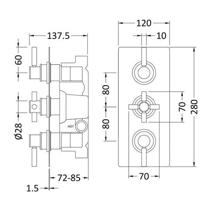 Crawford Tec Pura Concealed Shower Valve with Diverter Triple Handle - Matt Black