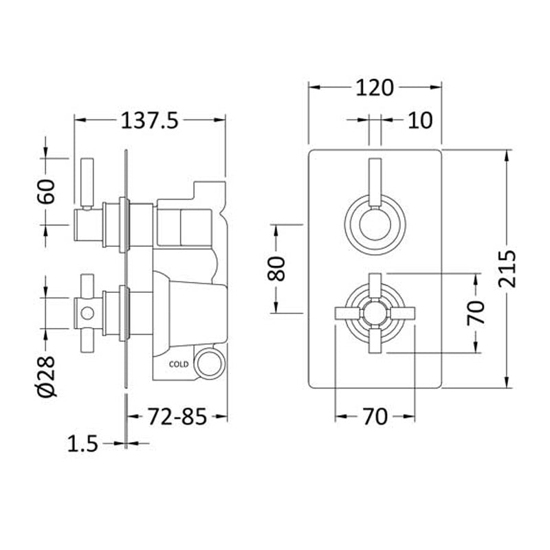 Crawford Tec Pura Concealed Shower Valve with Diverter Dual Handle - Chrome