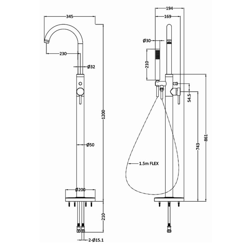 Crawford Tec Single Lever Elite Mono Bath Shower Mixer Tap Freestanding - Chrome