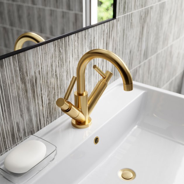 Crawford Tec Lever Cloakroom Mono Basin Mixer Tap Dual Handle with Waste - Brushed Brass