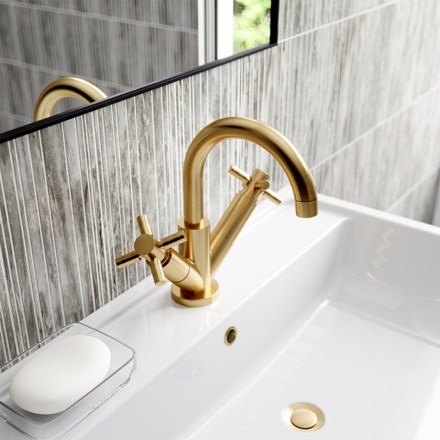 Crawford Tec Crosshead Cloakroom Mono Basin Mixer Tap Dual Handle Push Button Waste - Brushed Brass