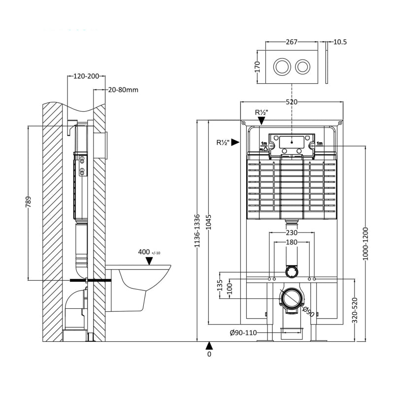 Crawford Wall Hung Toilet Frame with Dual Flush Concealed Cistern - Round Plate