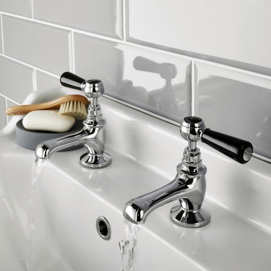 Crawford Topaz Black Lever Basin Taps Hexagonal Collar