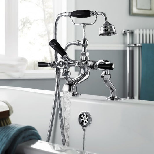 Crawford Topaz Black Lever Bath Shower Mixer Tap with Shower Kit Hexagonal Collar