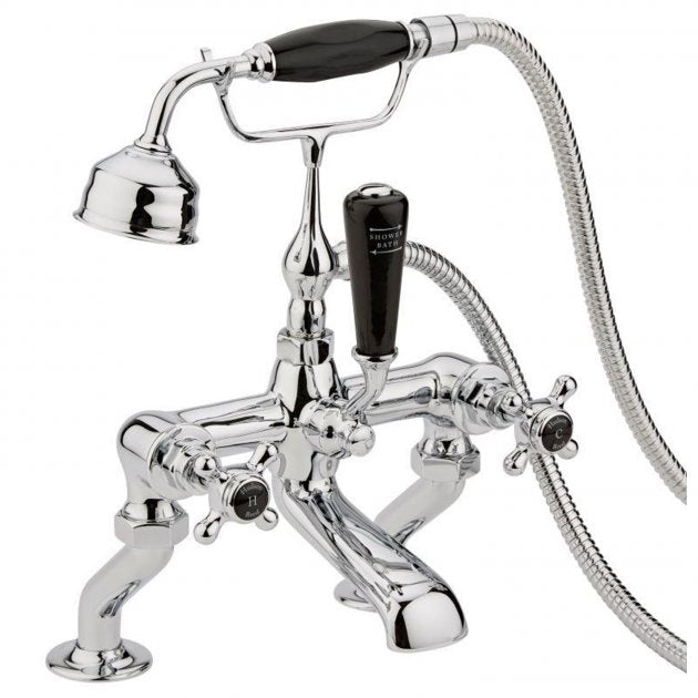 Crawford Topaz Black Crosshead Bath Shower Mixer Tap with Shower Kit Hexagonal Collar