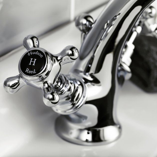 Crawford Topaz Black Crosshead Mono Basin Mixer Tap Hexagonal Collar with Waste - Chrome