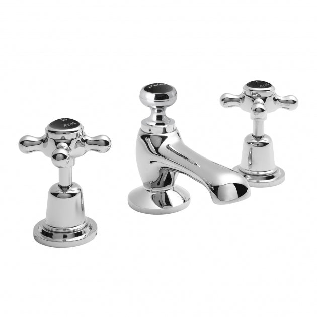 Crawford Topaz Black Crosshead 3-Hole Basin Mixer Tap with Pop Up Waste Dome Collar