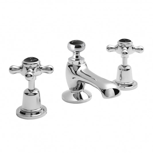 Crawford Topaz Black Crosshead 3-Hole Basin Mixer Tap with Pop Up Waste Dome Collar