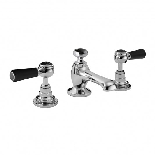 Crawford Topaz Black Lever 3-Hole Basin Mixer Tap with Pop Up Waste Hexagonal Collar