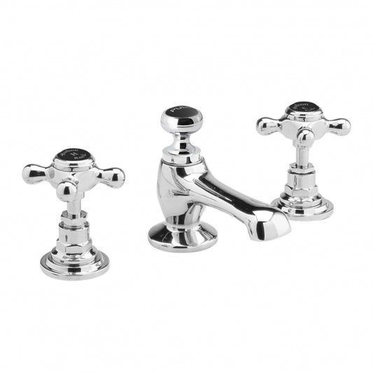 Crawford Topaz Black Crosshead 3-Hole Basin Mixer Tap with Pop Up Waste Hexagonal Collar