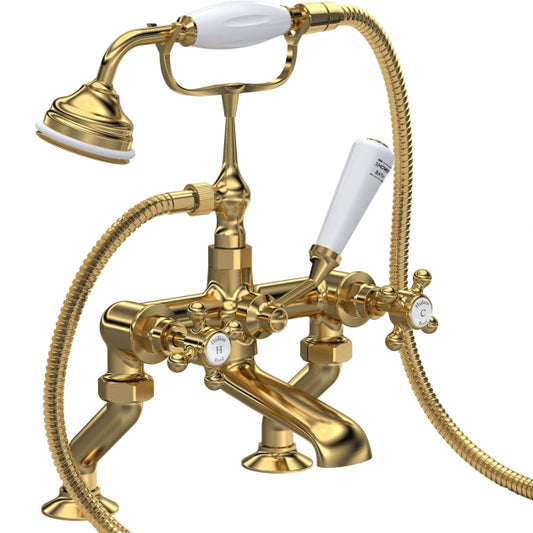 Crawford Topaz Hexagonal Collar Bath Shower Mixer Tap with Shower Kit - Brushed Brass