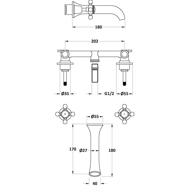 Crawford Topaz Hexagonal Crosshead 3-Hole Bath Filler Tap Wall Mounted - Chrome